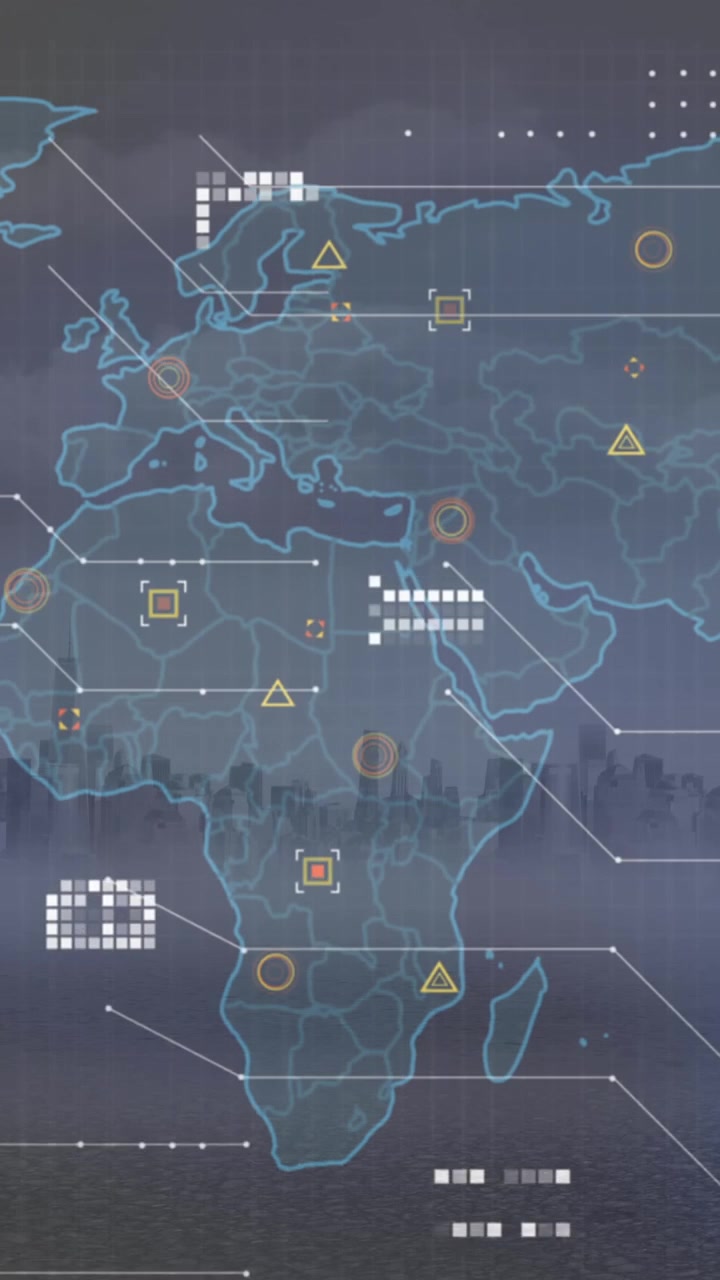 Animation of world map and data processing against aerial view of cityscape
