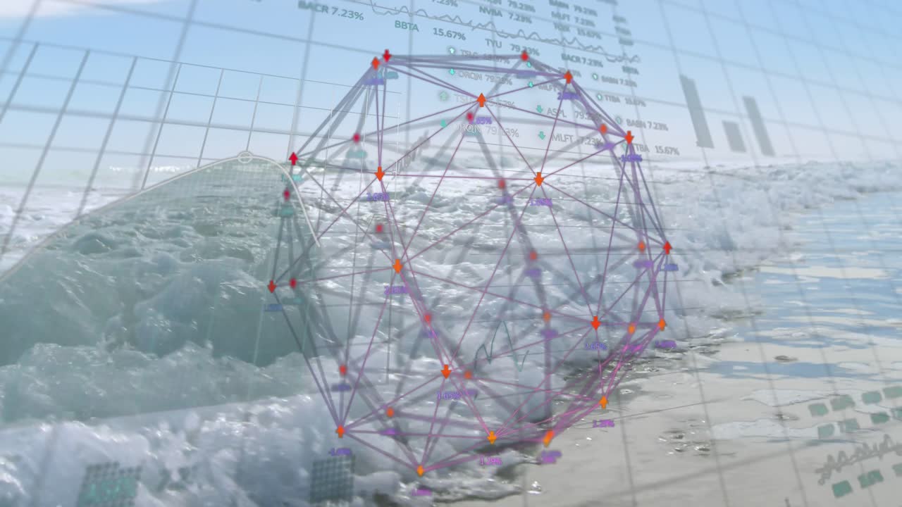 금융 데이터 처리 및 해상 아이콘과의 연결 네트워크의 애니메이션