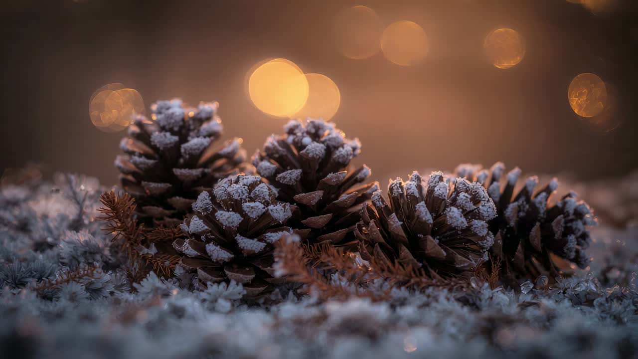 Começando a nevar, flocos de neve cobrindo três pinhas sobre agulhas, criando um acúmulo suave com bokeh quente