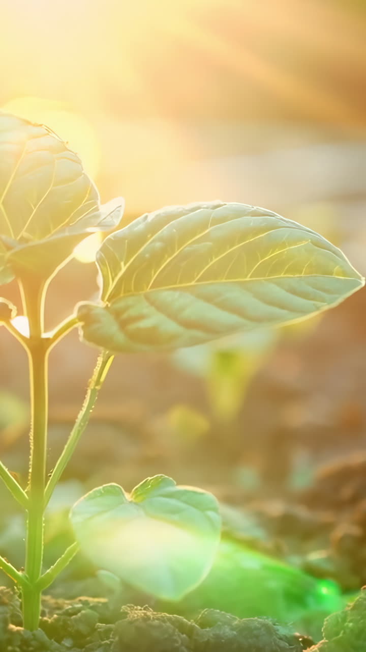 New Seedling Emerges in Lush Garden at Sunrise. A young plant breaks through the soil, basking in the warm sunlight of early morning, showcasing the beauty of nature's growth.