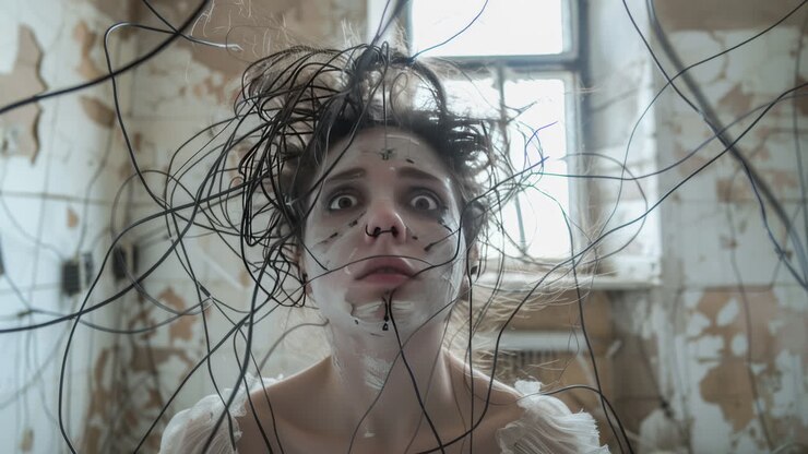 female headshots wearing music headphones and cables generated with AI