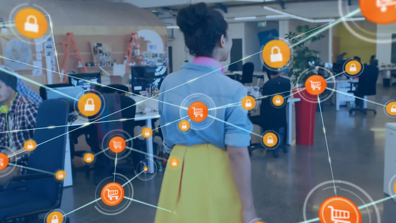 사무실에서 다양한 사업가들과의 아이콘과의 연결 네트워크의 애니메이션