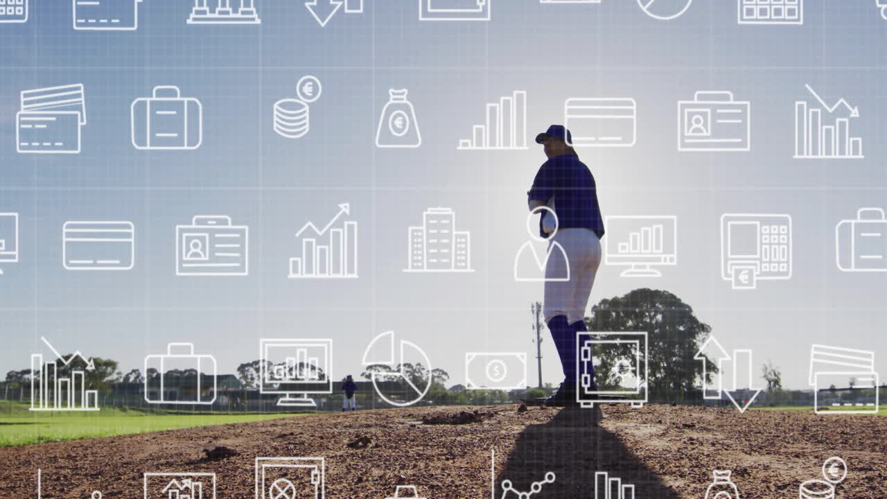 Baseball pitcher standing on mound, with animated finance charts and coin icons overlaying scene