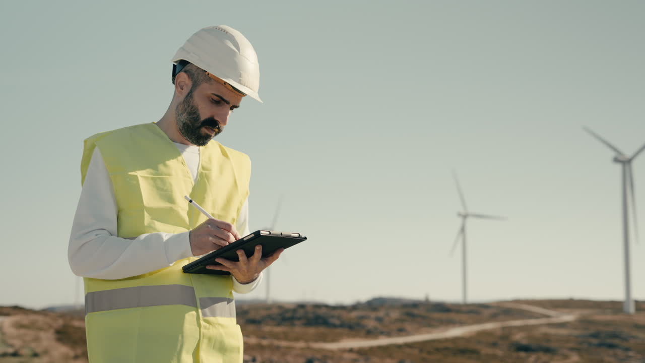 A renewable energy engineer in a white helmet inspects wind turbines on a sunny day, emphasizing the importance of maintaining clean energy generators