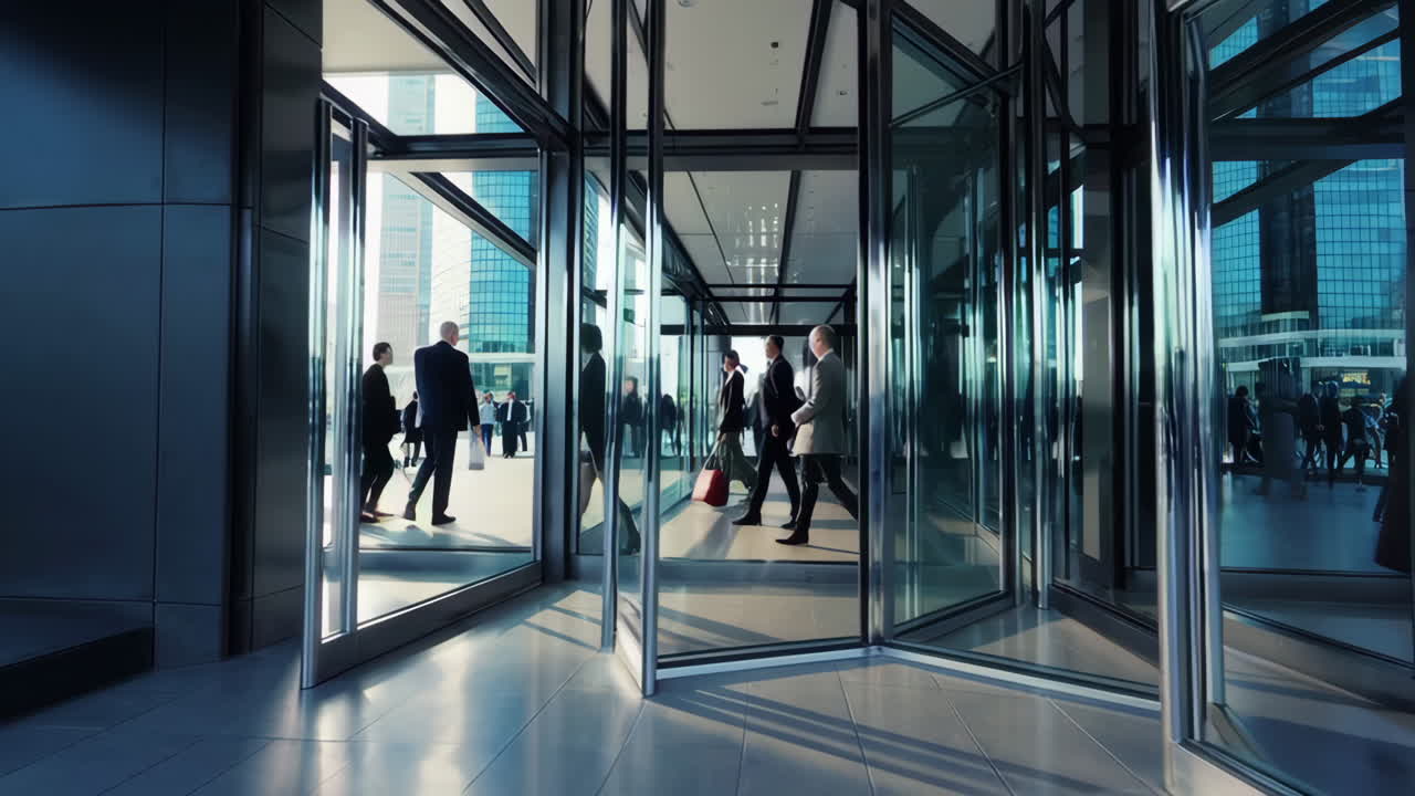 Business People Walking Through Modern Office Building Entrance