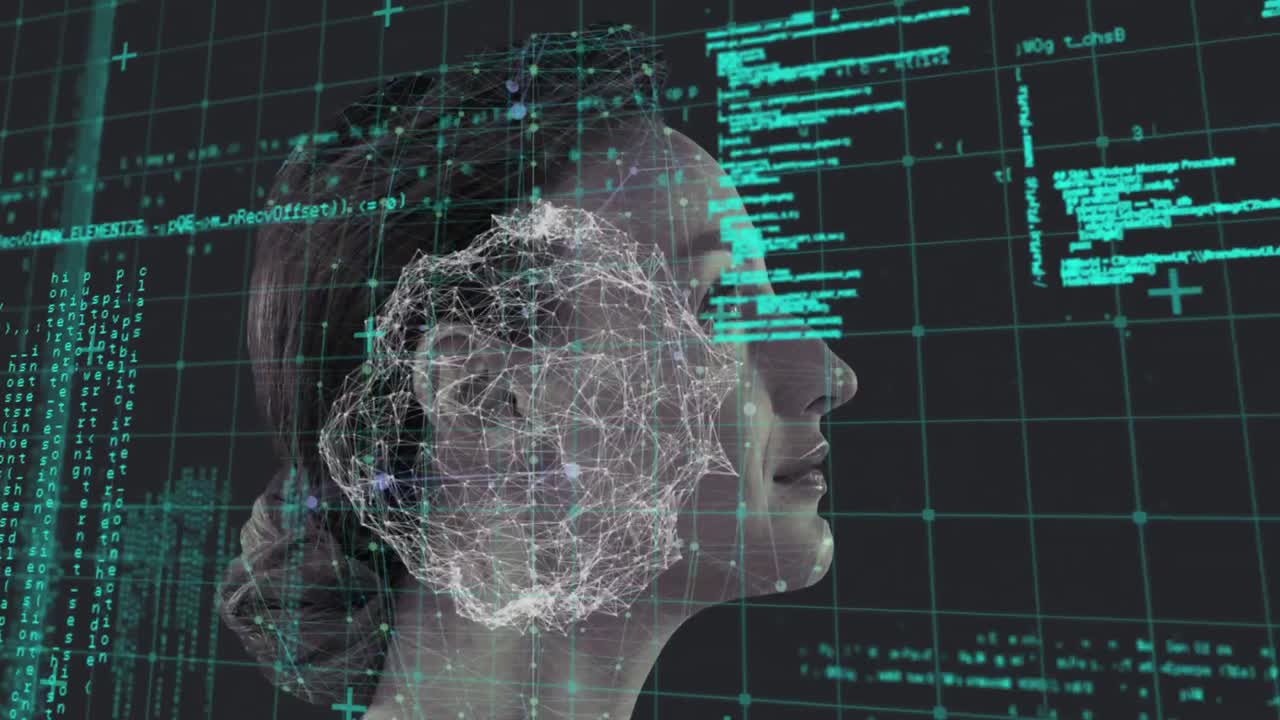 procesamiento de datos contra el rostro de la mujer y la red de conexiones