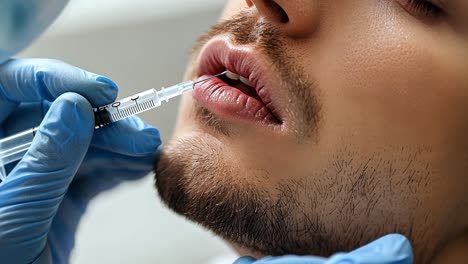 close-up of a man receiving lip filler injection