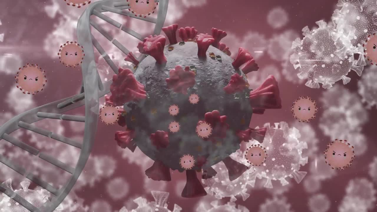 Animazione di cellule virali su un filamento di DNA.