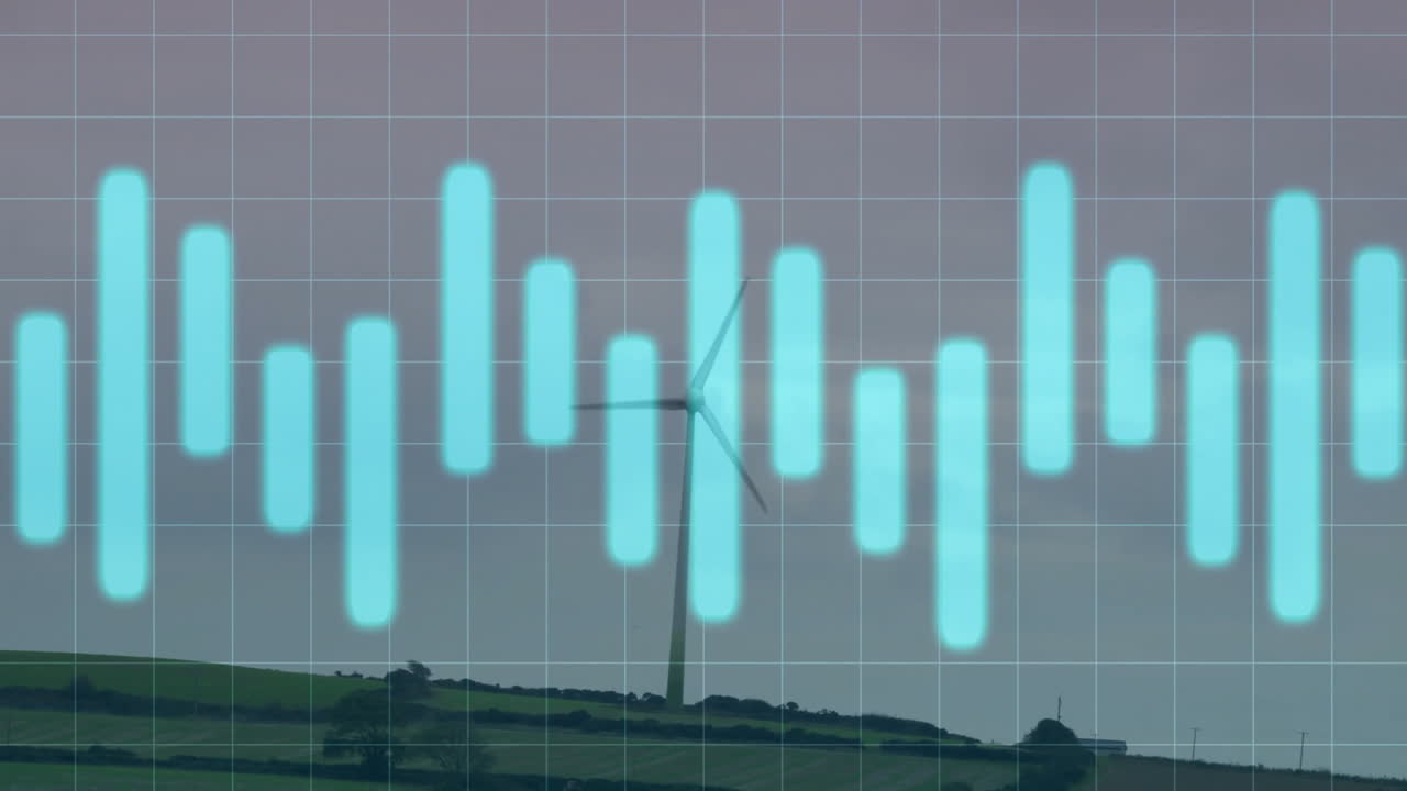 Rotating wind turbine towering over hills, displaying glowing turquoise bars and white grid overlay