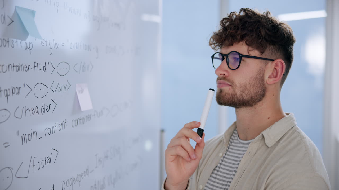 A man thinking about code written on a whiteboard