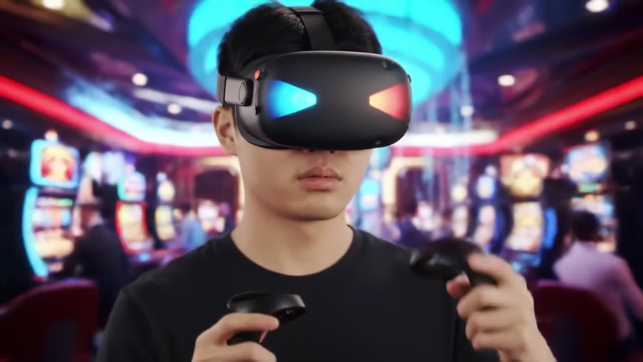 Immersive Virtual Reality Gaming Experience in a Casino Setting: A Player Engages with VR Headset and Controllers Amidst Colorful Atmosphere and Excitement