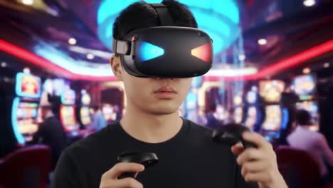 immersive virtual reality gaming experience in a casino setting: a player engages with vr headset and controllers amidst colorful atmosphere and excitement