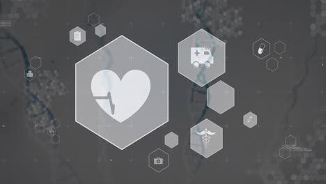 heartbeat animation and medical icons over dna strand background