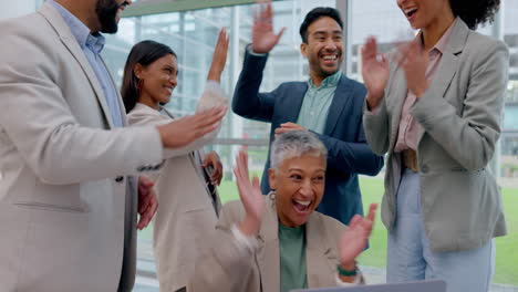 winning, applause and woman at laptop