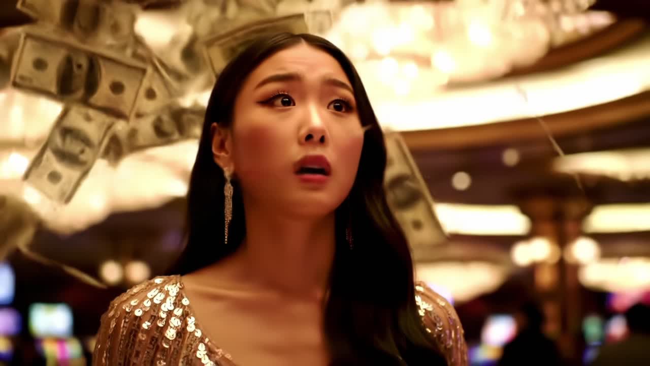 Astonished Beauty in a Casino Surrounded by Floating Money: The Moment of Unexpected Wealth and Surprise Captured in a Captivating Scene