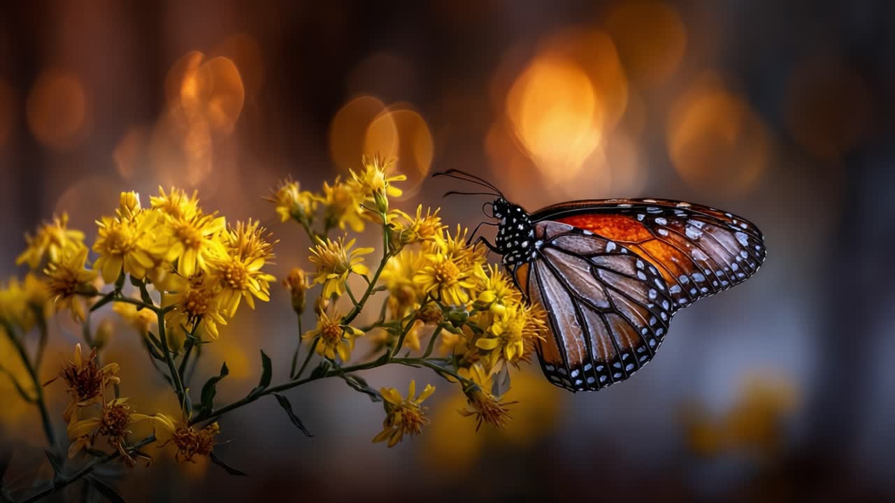 A Captivating Monarch Butterfly Gracefully Alights on Vibrant Yellow Flowers, Capturing the Essence of Nature's Beauty in a Stunningly Illuminated Landscape