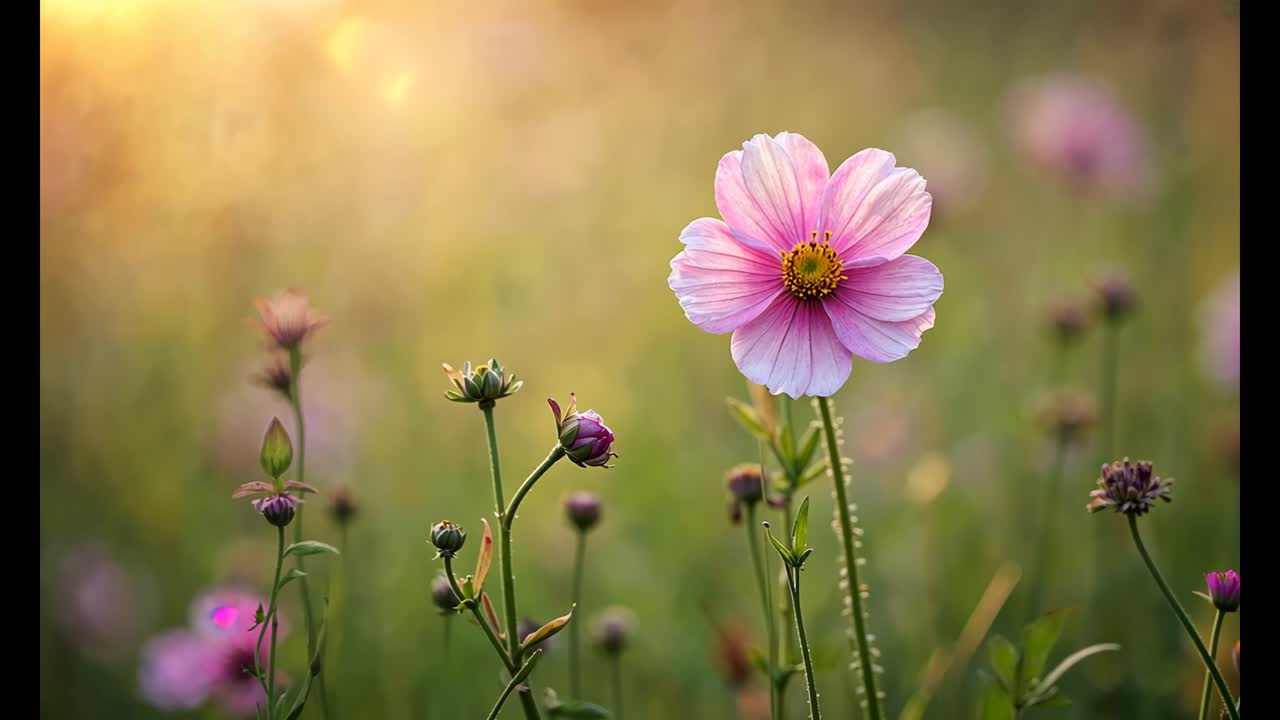 розовый цветок космоса в поле при заходе солнца