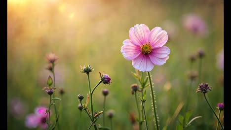 pink cosmos flower in a field at sunset