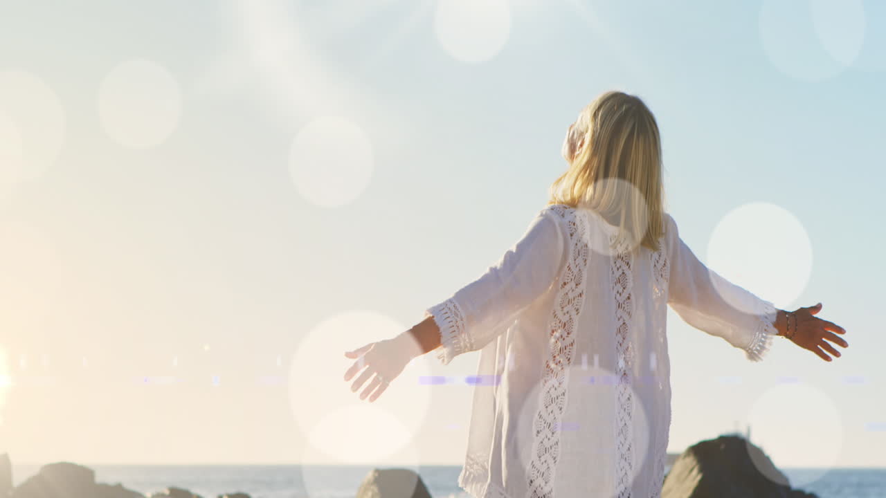 팔을 펴고 있는 장애인 백인 여성 위에 빛의 반점들의 애니메이션