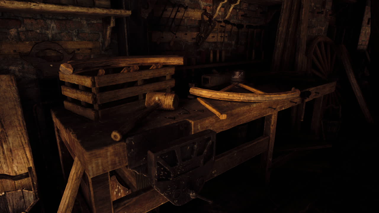 Rustic wooden workbench in a dimly lit workshop filled with tools