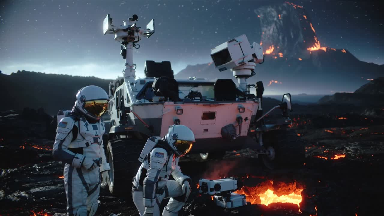 Sampling two suited astronauts kneeling and using analyzer at lava vent as volcano erupting, rover