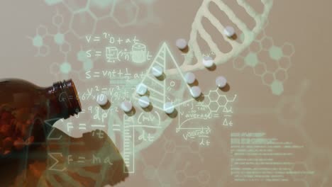 Animation-of-dna-strand-and-data-processing-over-pills