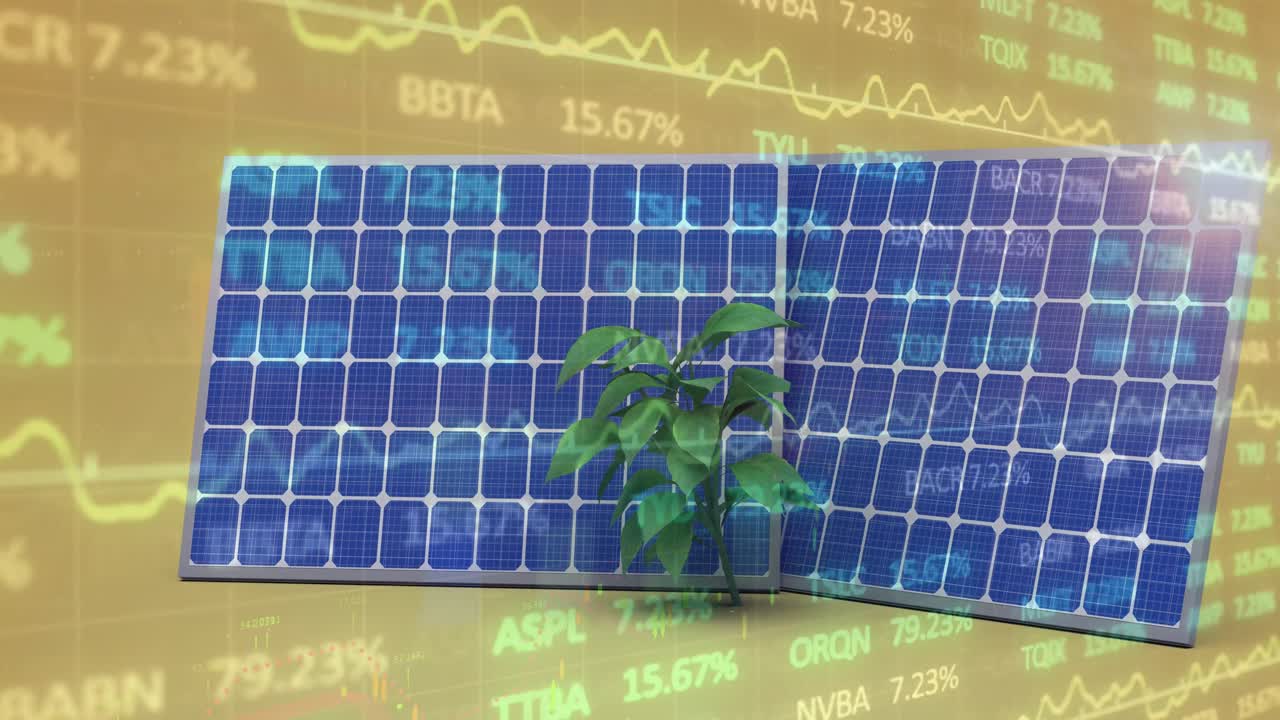 노란색 배경에 태양 전지 패널과 플랜트에 대한 금융 데이터 처리의 애니메이션.