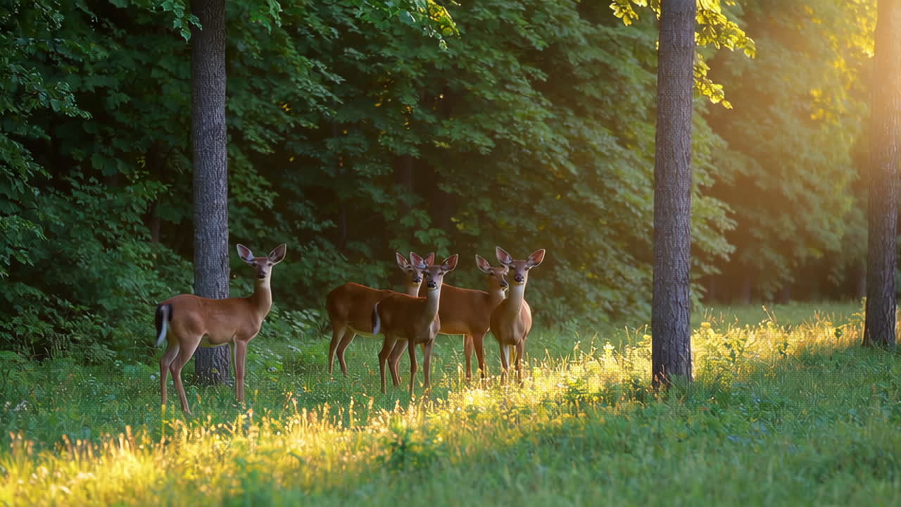 Deers in a Forest at Sunrise