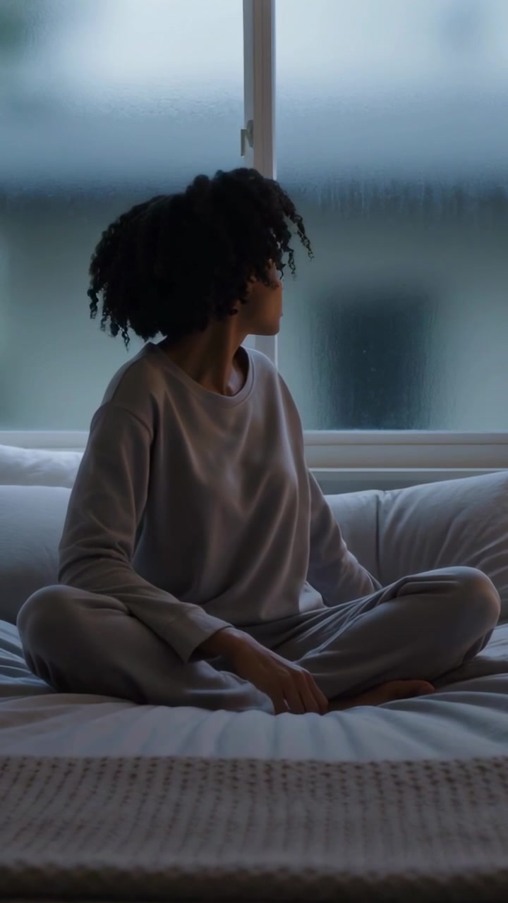 Video verticale: Donna in abbigliamento da casa grigio che si gira reagendo alla pioggia, ruotando sul letto verso la finestra.