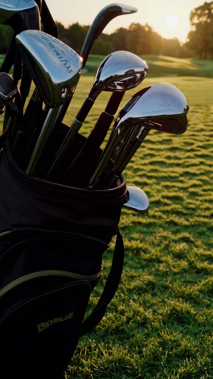 Een serene golfbaan bij zonsondergang met een close-up van clubs in een tas
