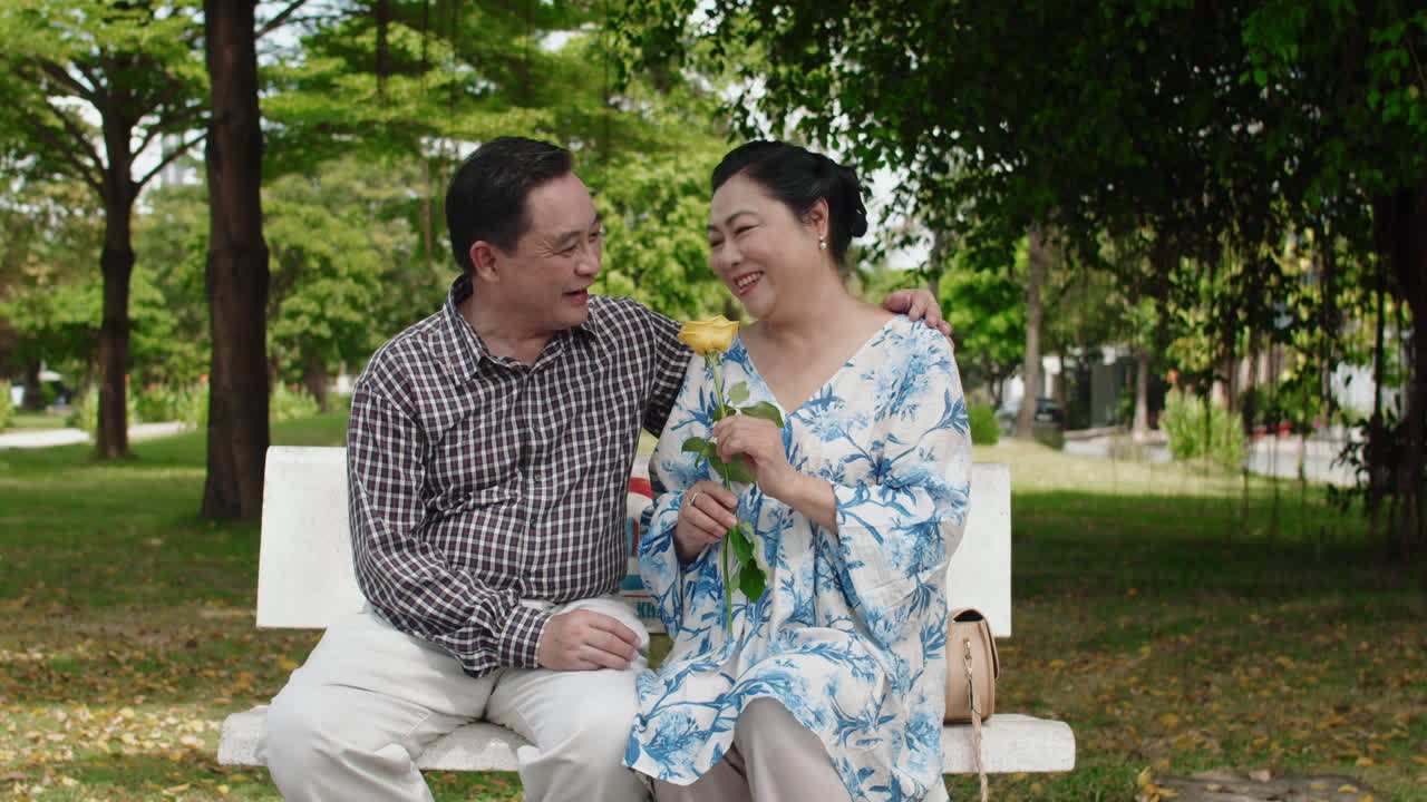 Aged Man Giving Flower to Wife Sitting on Bench in Park