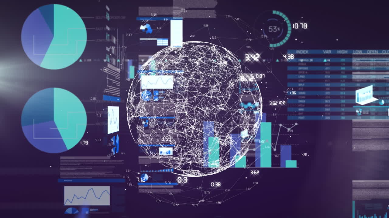 Animation of data processing over globe and stock market