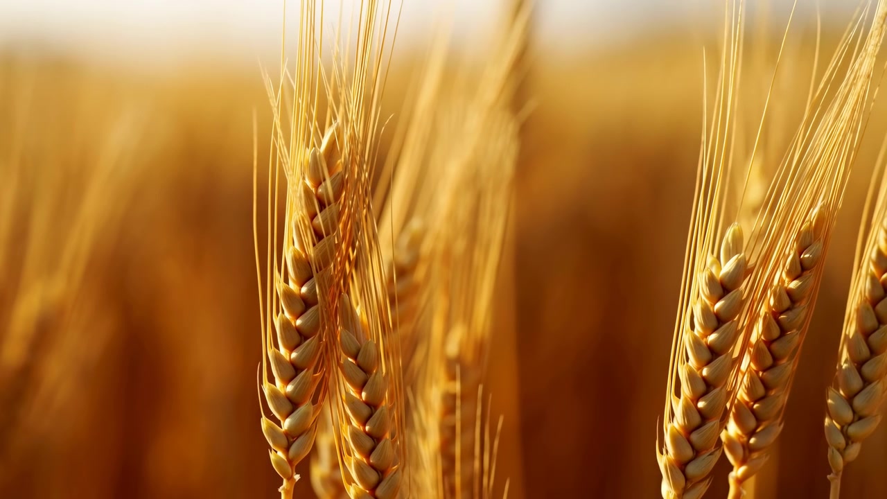 Wheat standing still, in field, with wheat, with wheat stalks texture, from a close-up slightly elevated perspective, with golden, brown accents, and peaceful and serene mood, clear detail.