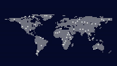 dotted map of world countries and continents cleverly recreated with small white dots on a dark blue background