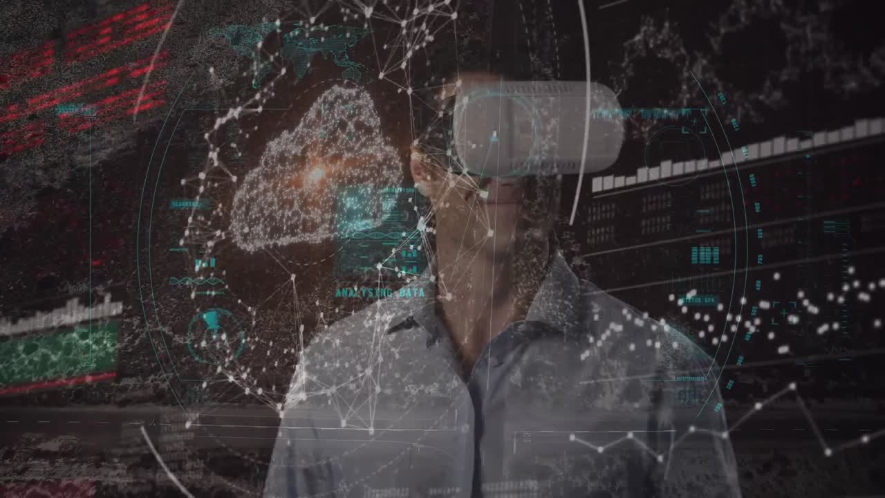 Animation of scope scanning and data processing over man wearing vr headset