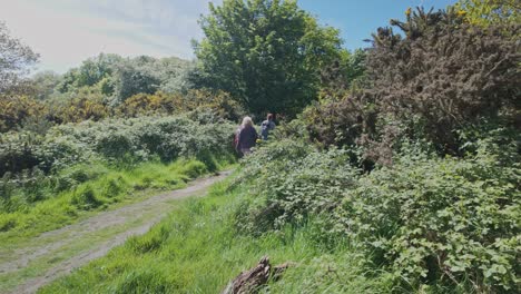 Three-female-friends-enjoying-exercise-walking-along-rural-countryside-trail