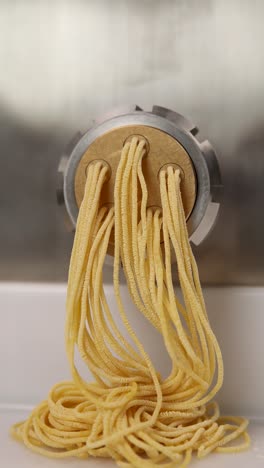 freshly made spaghetti coming from a pasta machine