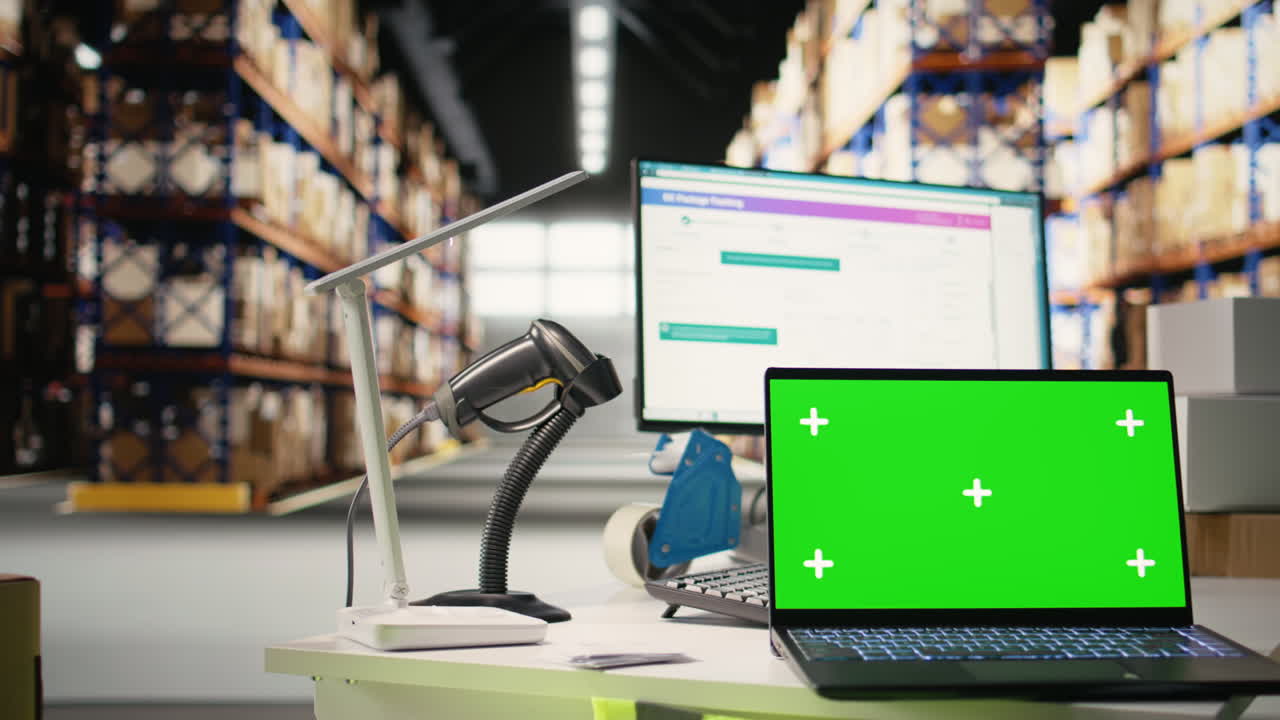 Empty warehouse space shows isolated chroma key display on pc