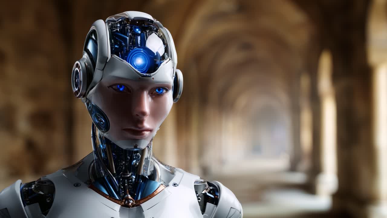Fütüristik insansı robot, gelişmiş design, yapay zeka özellikleri ve karmaşık mekanik detayları dingin bir ortamda sergileyerek tarihi bir koridorda duruyor