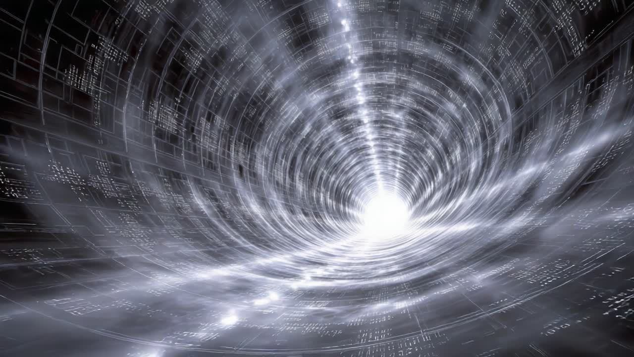 An Awe-Inspiring Visual Journey Through a Hypothetical Space-Time Vortex, Depicting a Radiant Light Core at the End of a Futuristic Data-Laden Tunnel