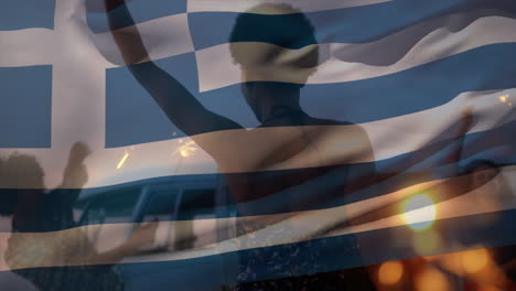 animation of waving greece flag over group of friends on the beach