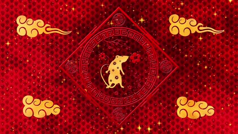 red chinese new year background with gold, rat, fireworks, 3d rendering loop 4k. magical happy new year animation