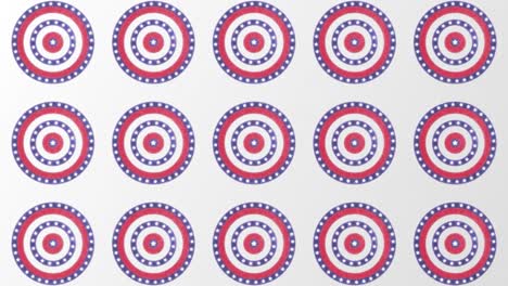 american flag with rows of white stars on turning red, blue and white circles on white background