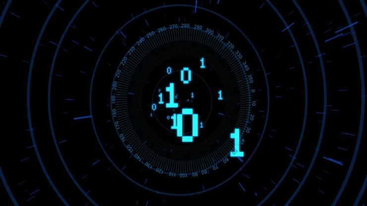 On start radial interface showing binary bits rotating, drifting into center visualizing data flow