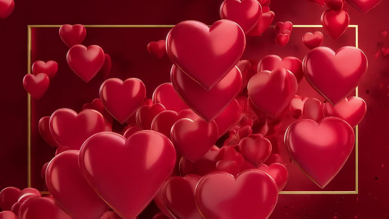 Generazione di cuori rossi lucidi in 3D che fluiscono in una cornice dorata da destra, creando profondità con le particelle