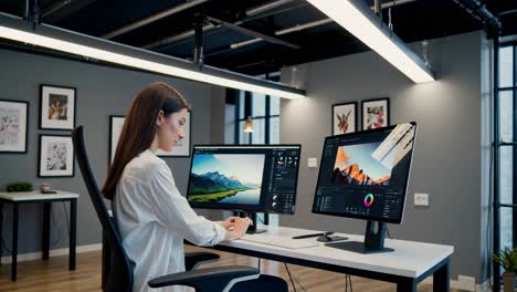 woman working on photo editing software in a modern office.