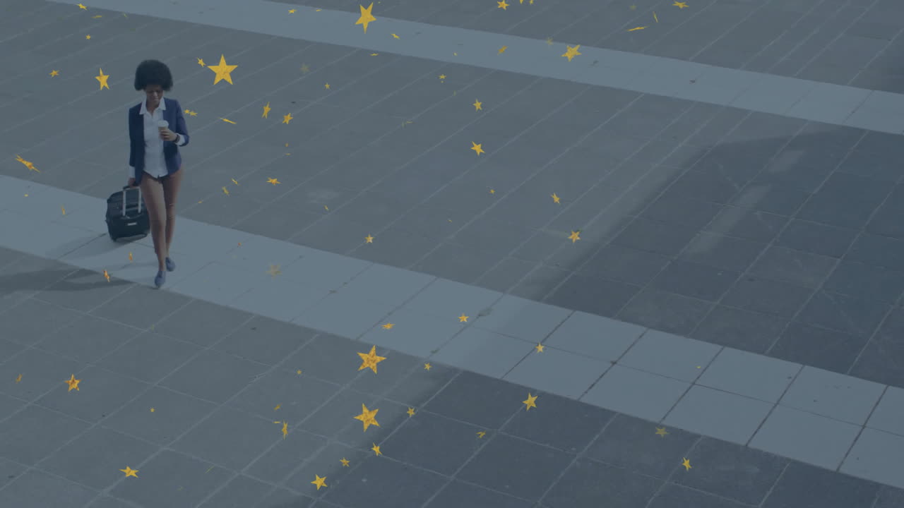 Walking on tiled pavement, person with yellow stars animation around them