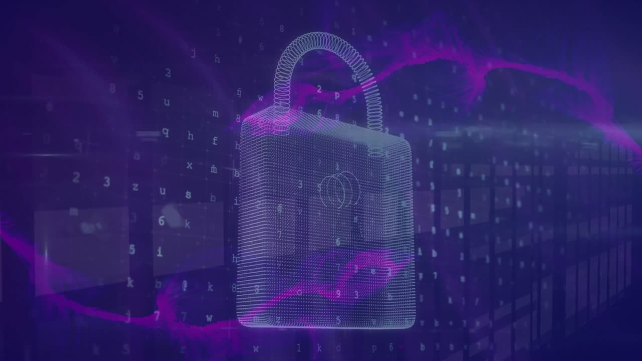 Animation of letter, numbers, symbols over padlock and abstract pattern against bars in background