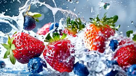 un montón de fresas y arándanos salpicando en el agua