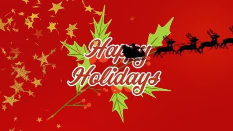 Animation-of-golden-stars-over-happy-holidays-text-banner-against-red-background